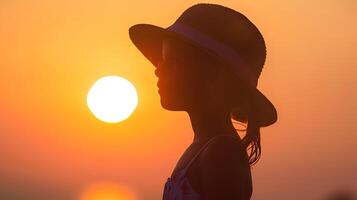 ai gerado menina dentro chapéu olhando às pôr do sol, para transmitir uma sentido do pacífico tarde tranquilidade e jovem aventura foto