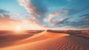 ai gerado lindo árabe deserto com caloroso cores.dourado areia duna deserto panorama panorama. lindo sobre a areia dunas dentro a árabe, tocado de a dourado raios do a configuração Sol. foto