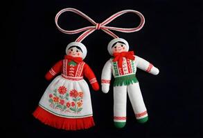 ai gerado dois martenitsa bonecas dentro tradicional roupas estão suspensão a partir de uma fita foto