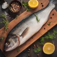 ai gerado fresco mar graves filé com aromático especiarias em de madeira borda para social meios de comunicação postar Tamanho foto