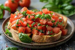 ai gerado Brusqueta italiano Comida profissional publicidade Comida fotografia foto