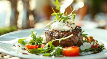 ai gerado filé concurso ao lado Rúcula salada com branco bechamel molho creme em topo. bife, restaurante, eu no. gerado de artificial inteligência. foto