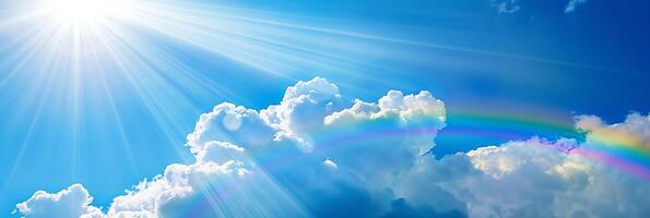 elétrico azul céu com cumulus nuvens, uma arco Iris em a horizonte foto