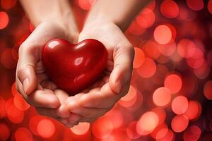 mundo sangue doador dia. humano mão segurando uma vermelho coração, expressando amor e felicidade foto