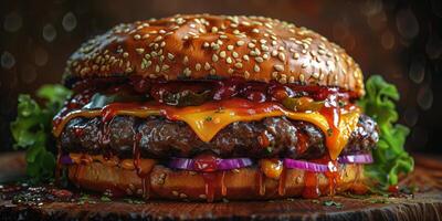 fechar-se tiro do uma Hamburger em uma de madeira corte borda foto