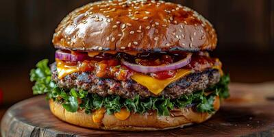 fechar-se tiro do uma Hamburger em uma de madeira corte borda foto