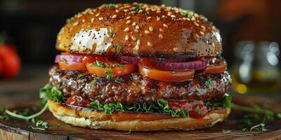 fechar-se tiro do uma Hamburger em uma de madeira corte borda foto