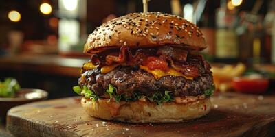 fechar-se tiro do uma Hamburger em uma de madeira corte borda foto