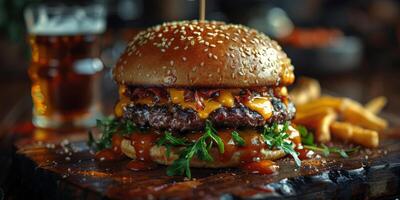 fechar-se tiro do uma Hamburger em uma de madeira corte borda foto