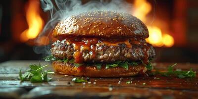 fechar-se tiro do uma Hamburger em uma de madeira corte borda foto