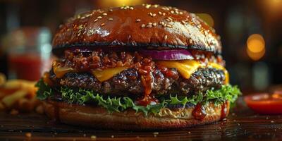 fechar-se tiro do uma Hamburger em uma de madeira corte borda foto