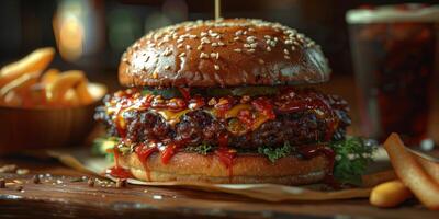 fechar-se tiro do uma Hamburger em uma de madeira corte borda foto