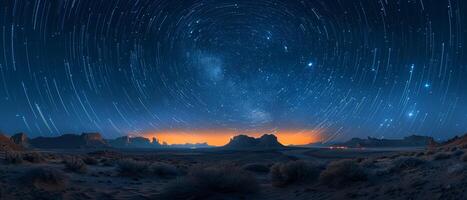 estrelas Seguindo dentro a noite céu sobre uma silencioso deserto foto