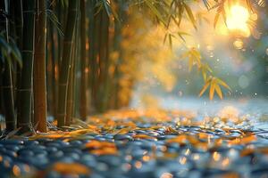 luz solar fundição sombras através uma bambu floresta foto