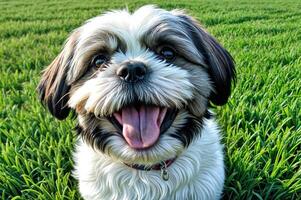 sorridente cachorro ao ar livre campo feliz foto