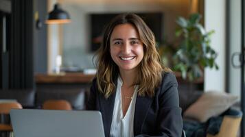 escritório mulher sorridente para a Câmera enquanto trabalhando em dela computador portátil foto