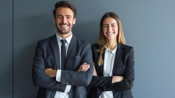 homem de negocios e o negócio mulher em pé juntos com sorrir em seus rostos foto