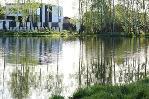 moderno chalé perto lago dentro Primavera. árvore e grama. natureza e temporadas. Alto qualidade foto. foto