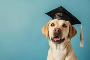 retrato do labrador retriever cachorro vestindo Preto graduação boné, em sólido azul fundo com cópia de espaço. graduação cerimônia, escola, Educação conceito. foto