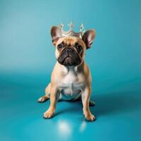 francês buldogue cachorro vestindo dourado rei coroa em dele cabeça, dentro Centro do azul quadrado fundo. real raça, rei cachorro. moda beleza para animais de estimação. foto