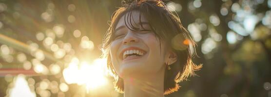 japonês lindo curto cabelo menina sorridente e em pé em Prado dentro luz solar foto