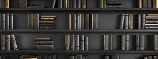 Preto estante de livros com livros dentro Sombrio cinzento e dourado cores foto