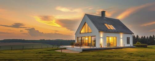 moderno casa com luzes em dentro a campo às crepúsculo foto