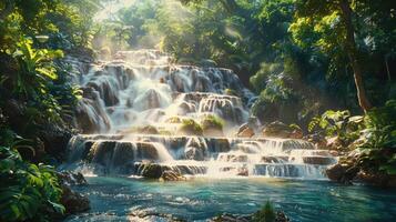 uma cascata dentro a selva com água fluindo baixa foto