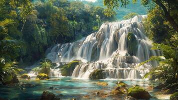 uma cascata dentro a selva com cachoeiras e árvores foto