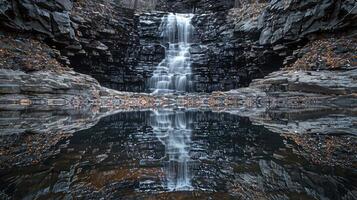 uma cascata é refletido dentro a água dentro uma rochoso desfiladeiro foto