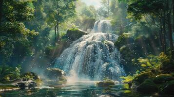 uma cascata dentro a selva com água e árvores foto