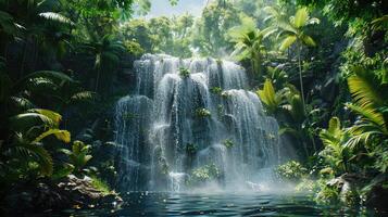 uma cascata dentro a selva com água e Palma árvores foto