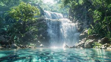 uma cascata dentro a selva com água e árvores foto