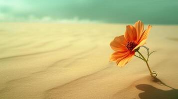uma limpar \ limpo composição representando uma solteiro, vibrante colori flor florescendo no meio uma grande extensão deserto areia foto