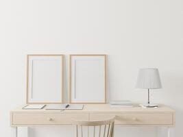 a sala é decorada com uma mesa de armazenamento. cadeira e porta-retrato foto