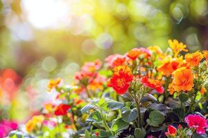 vibrante flores florescendo dentro jardim, encharcado acima a verão brilho do sol foto