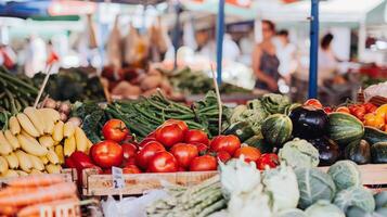 movimentado ao ar livre mercado preenchidas com vendedores vendendo fresco frutas, vegetais, e flores foto