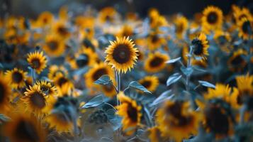 campo do girassóis balançando suavemente dentro a brisa, seus brilhante amarelo pétalas virou para a Sol foto