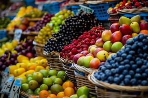 colorida matriz do fresco frutas às agricultores mercado, estourando com sabores do a verão colheita foto