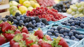 colorida matriz do fresco frutas às agricultores mercado, estourando com sabores do a verão colheita foto