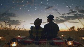 casal observar as estrelas em cobertor dentro Prado, contando tiroteio estrelas em Claro verão noite foto