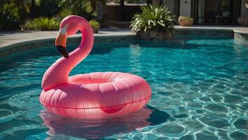 inflável Rosa flamingo flutuando em a superfície do uma espumante azul piscina foto