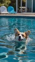 adorável corgi graciosamente planador através a Claro azul águas do a piscina com total deleite foto