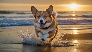 enérgico corgi corrida ao longo a arenoso margens do a oceano de praia durante a pôr do sol foto