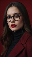 estúdio tiro do jovem mulher com grandes em linha reta Sombrio cabelo e vermelho lábios vestindo óculos e vermelho casaco foto