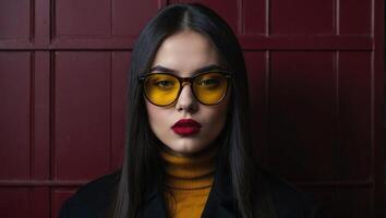 estúdio tiro do jovem mulher com grandes em linha reta Sombrio cabelo vestindo óculos com único amarelo colorido lentes foto