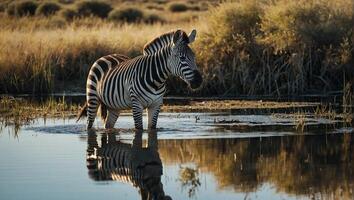 a zebra com distintivo Preto e branco casaco em pé dentro a sereno lago foto