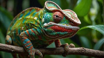 exótico camaleão do vibrante cores e impressionante padrões formado de rede do único balanças no meio verde exuberante selvas foto