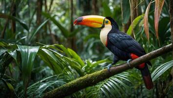 colorida tucano pássaro em uma árvore ramo dentro uma exuberante tropical floresta tropical foto