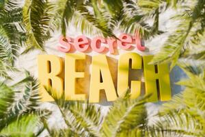 segredo de praia texto em arenoso fundo com tropical folhas foto